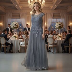 NWOT La Femme Cap Sleeve Lace and Chiffon Embellished Gown Wedding Formal